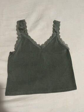 American Eagle Outfitters Lace-Trim Ribbed Tank - Hunter Green